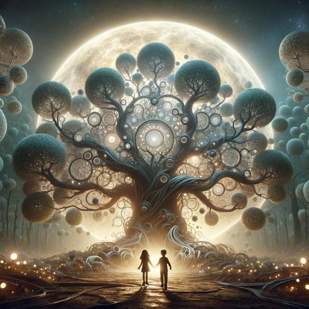 Dreamlike Scene of Figures Under a Moonlit Tree