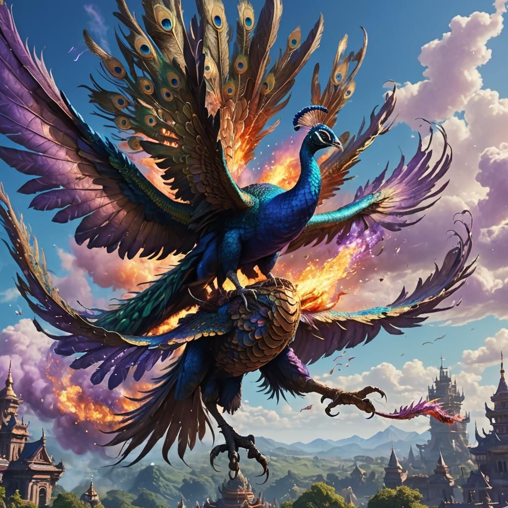 Peacock and Dragon in Flight: Fantasy Concept Art