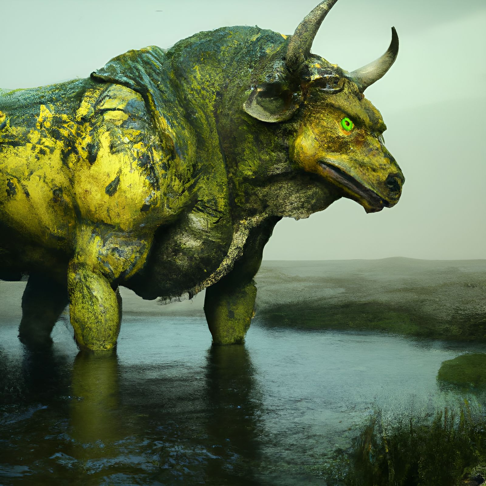 Gorgon Bull in Misty Swamp, Hyperrealistic Digital Art