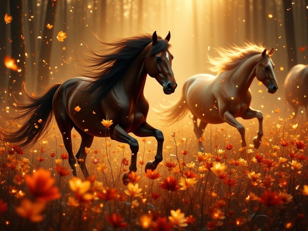 Horses Among Glowing Autumn Flowers in Misty Forest