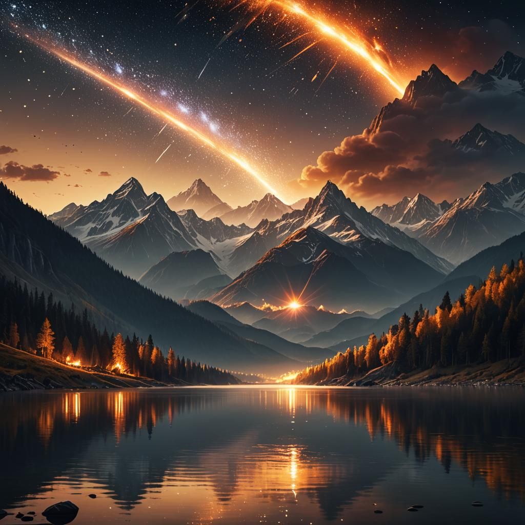 Falling Star Lights Up Mountain Lake: Digital Painting