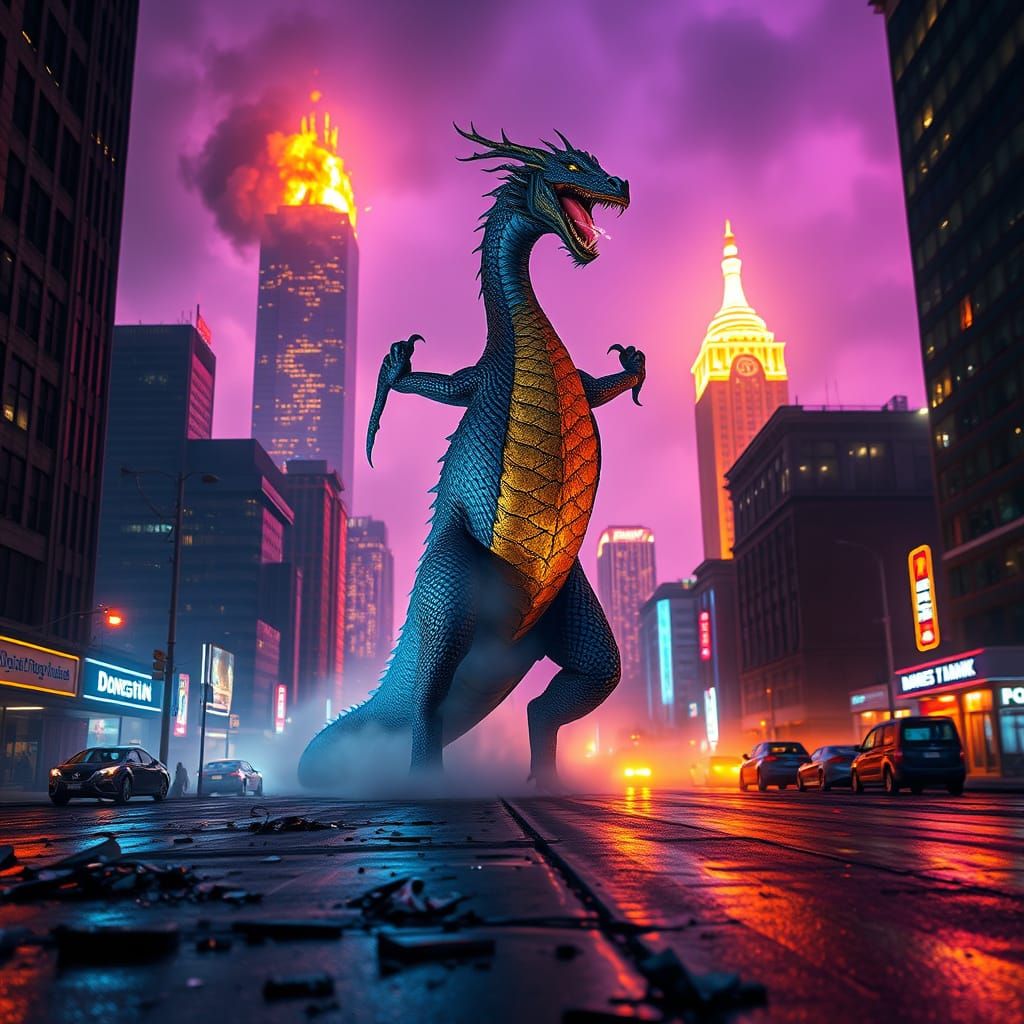 Dragon Ignites Houston City in Epic Cyberpunk Fantasy