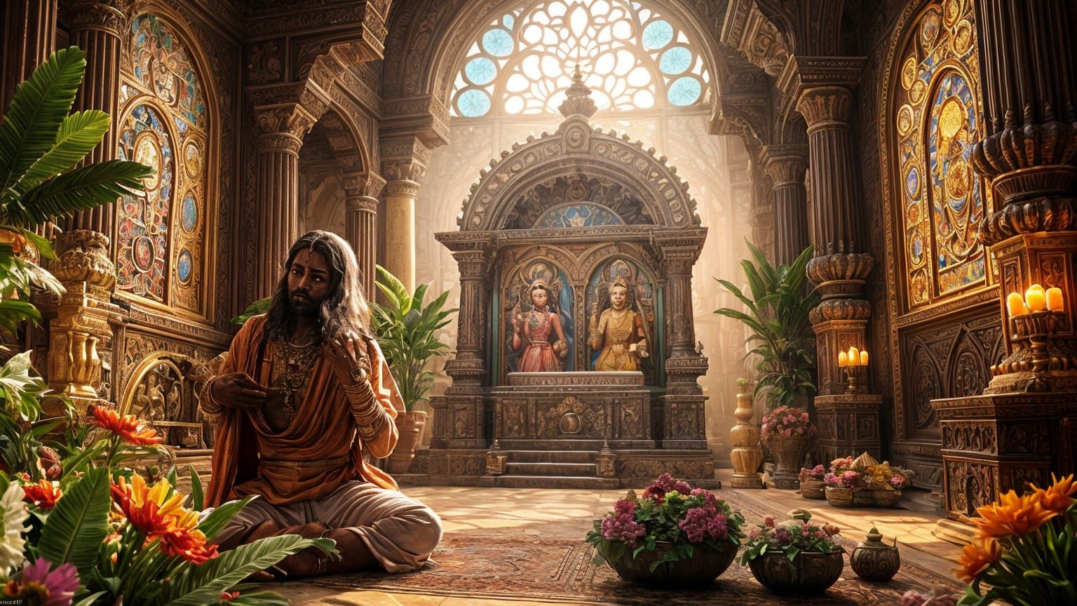 Ancient Sage in Reverent Devotion to Krishna and Radha