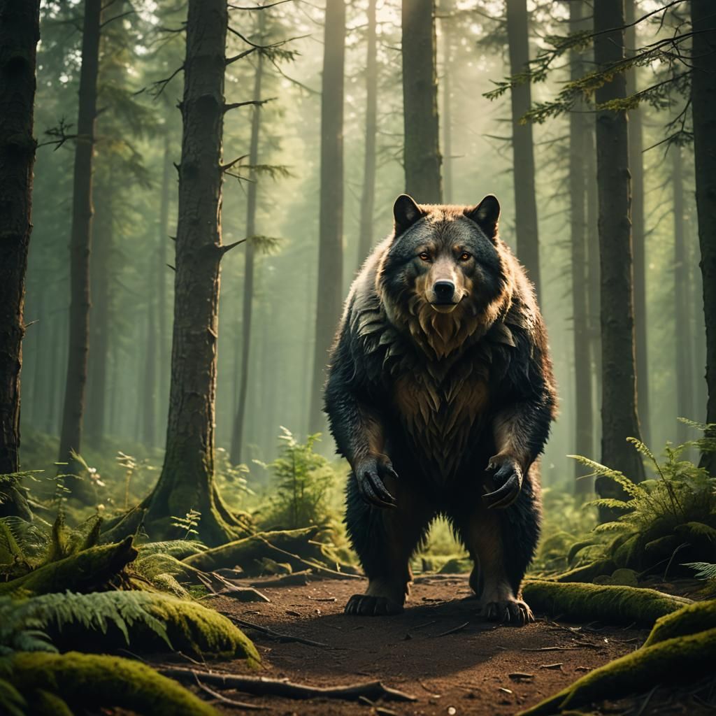 Wolf-Bear Creature in Forest, Comic Book Art