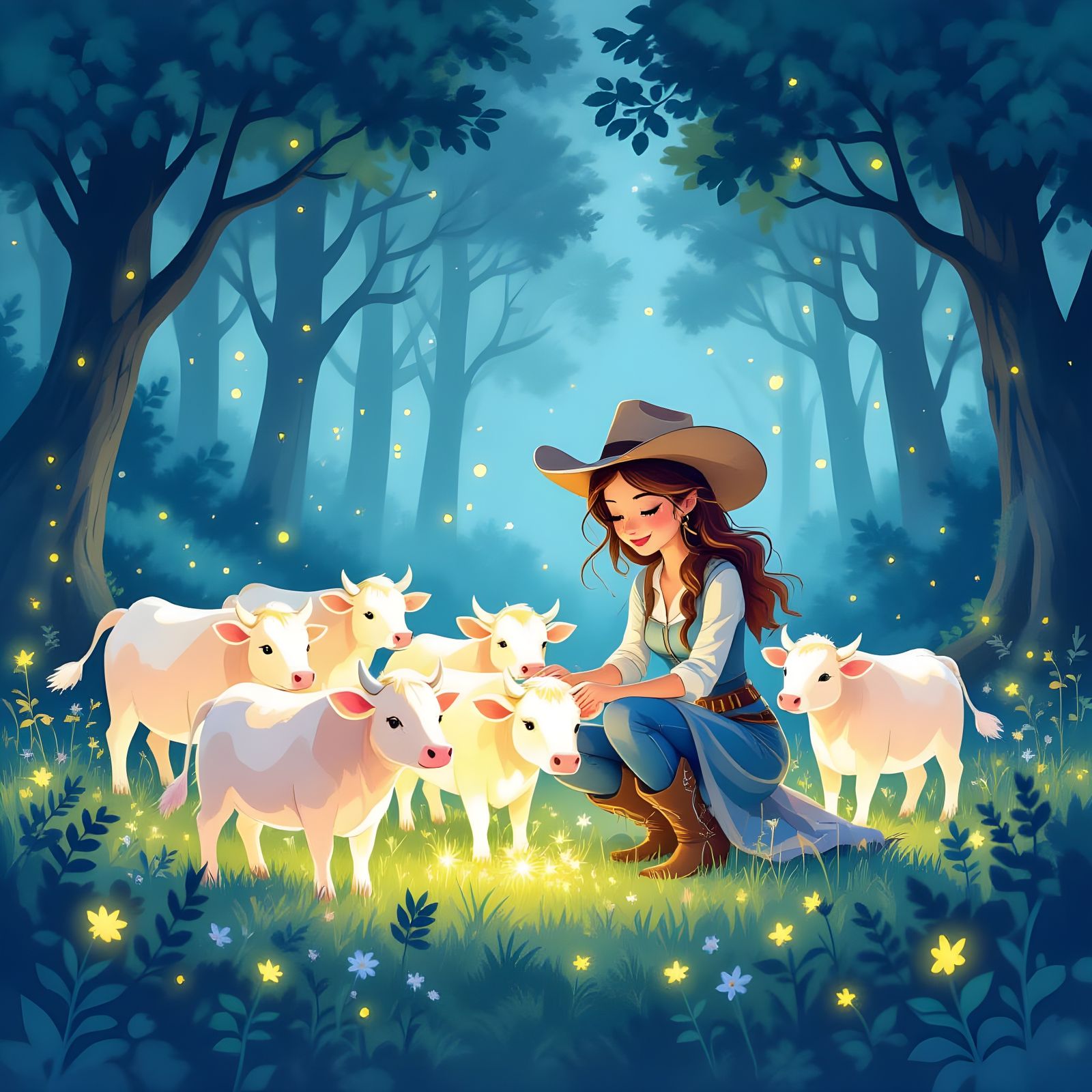 Whimsical Cowgirl with Glowing Cattle in Enchanted Forest