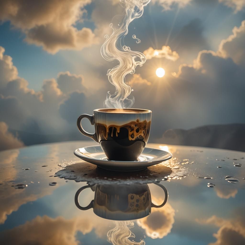 Surreal World Reflected in Steamy Coffee Cup