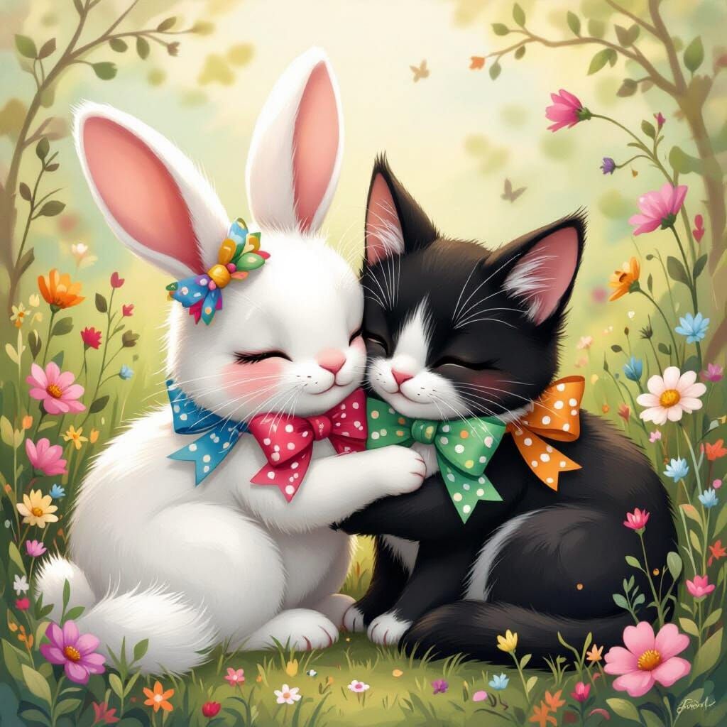 Adorable Bunny and Cat Cuddling with Bows