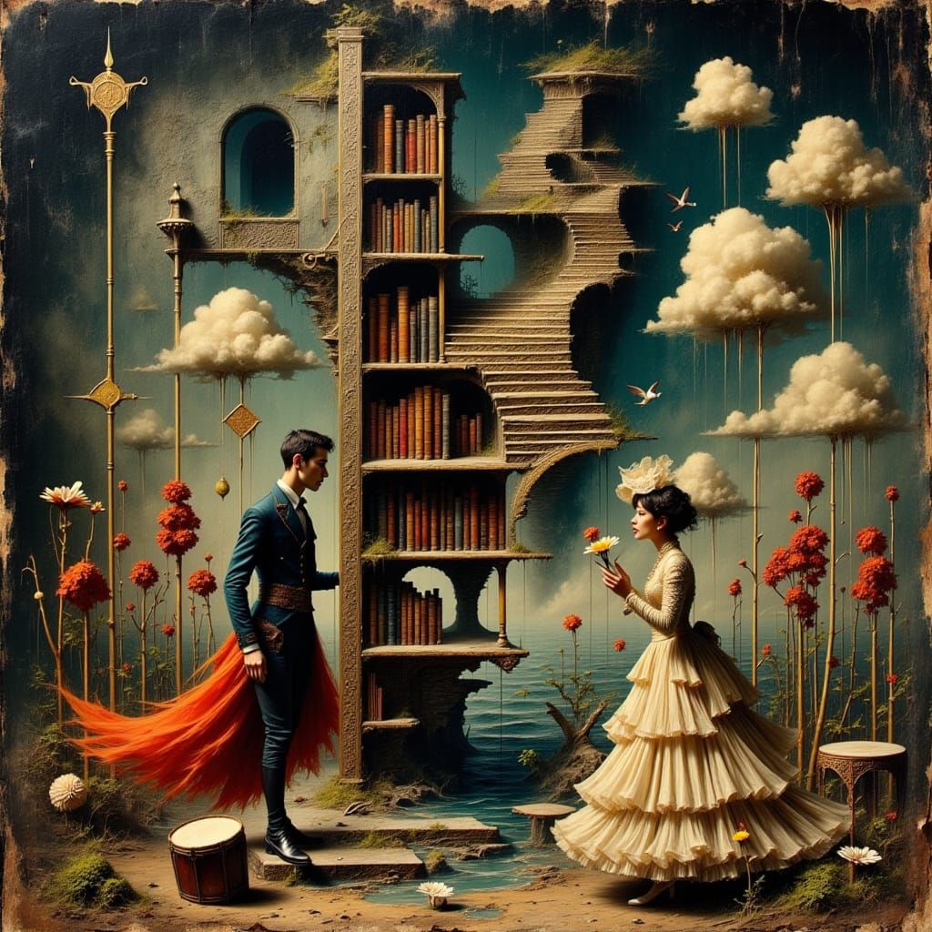 Opera Singers on Stage with Surreal Staircase