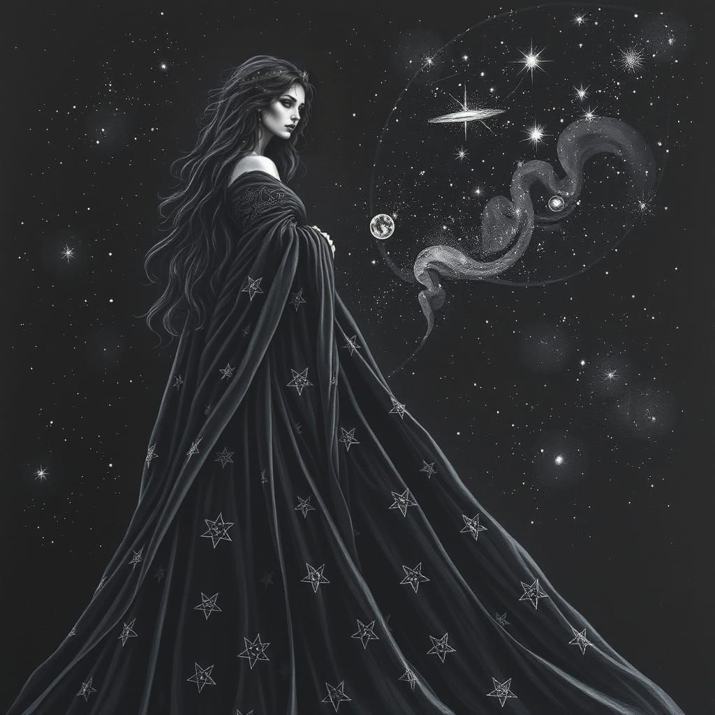 Nyx's Celestial Nighttime Scene in Charcoal Drawing Style