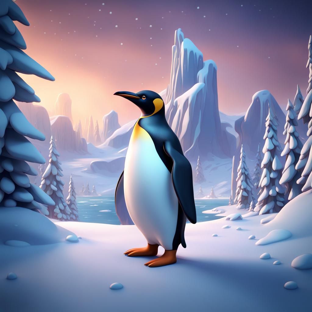 Penguin in Disney Cartoon Style, Winter Scene