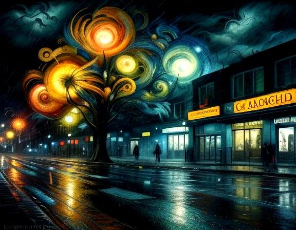 Violent Nighttime Storm in Action Painting Style