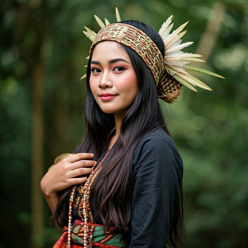 Kalimantan Woman in Traditional Dress with Peacock Headdress