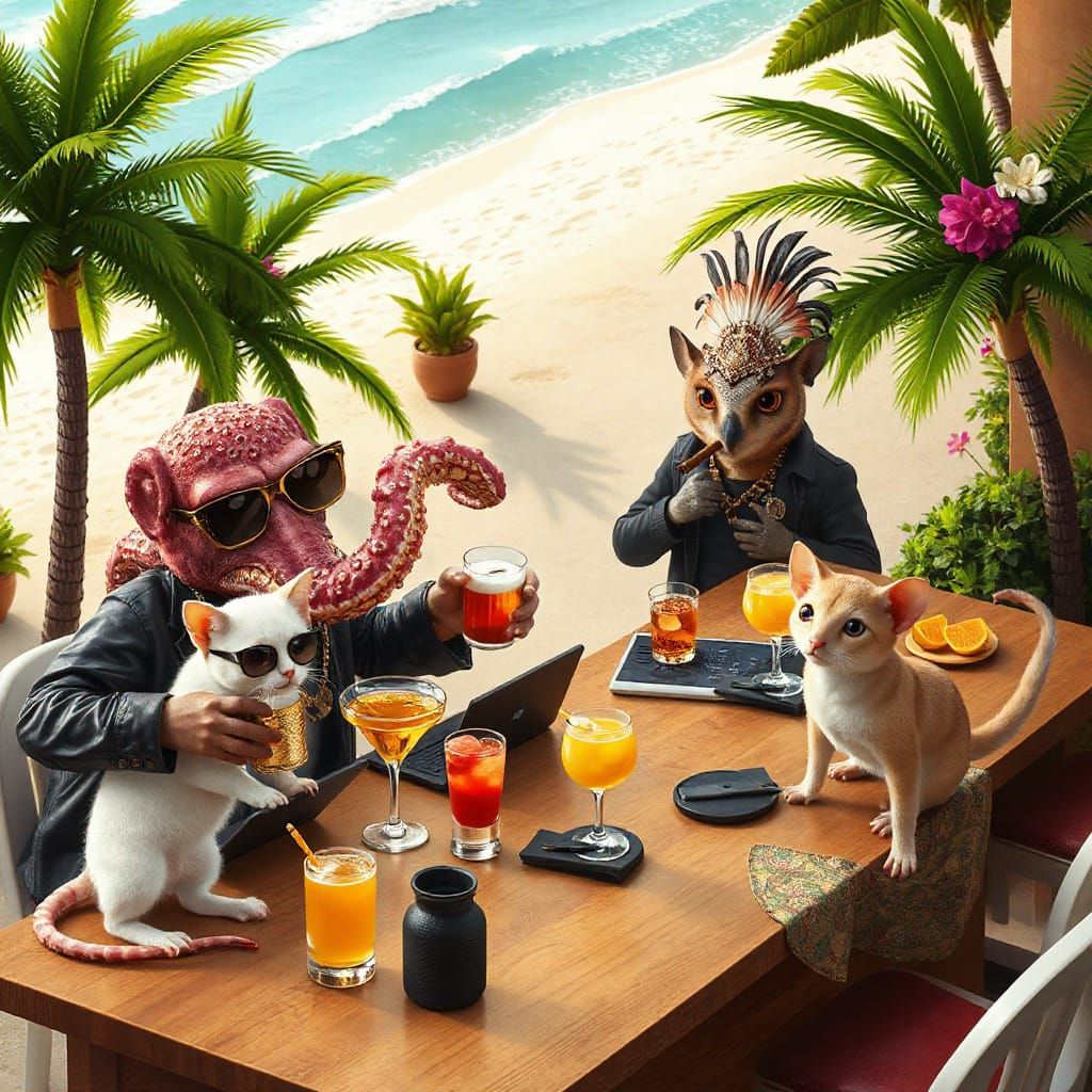 Isometric Tropical Bar Scene with Octopus Bartender and Glam...