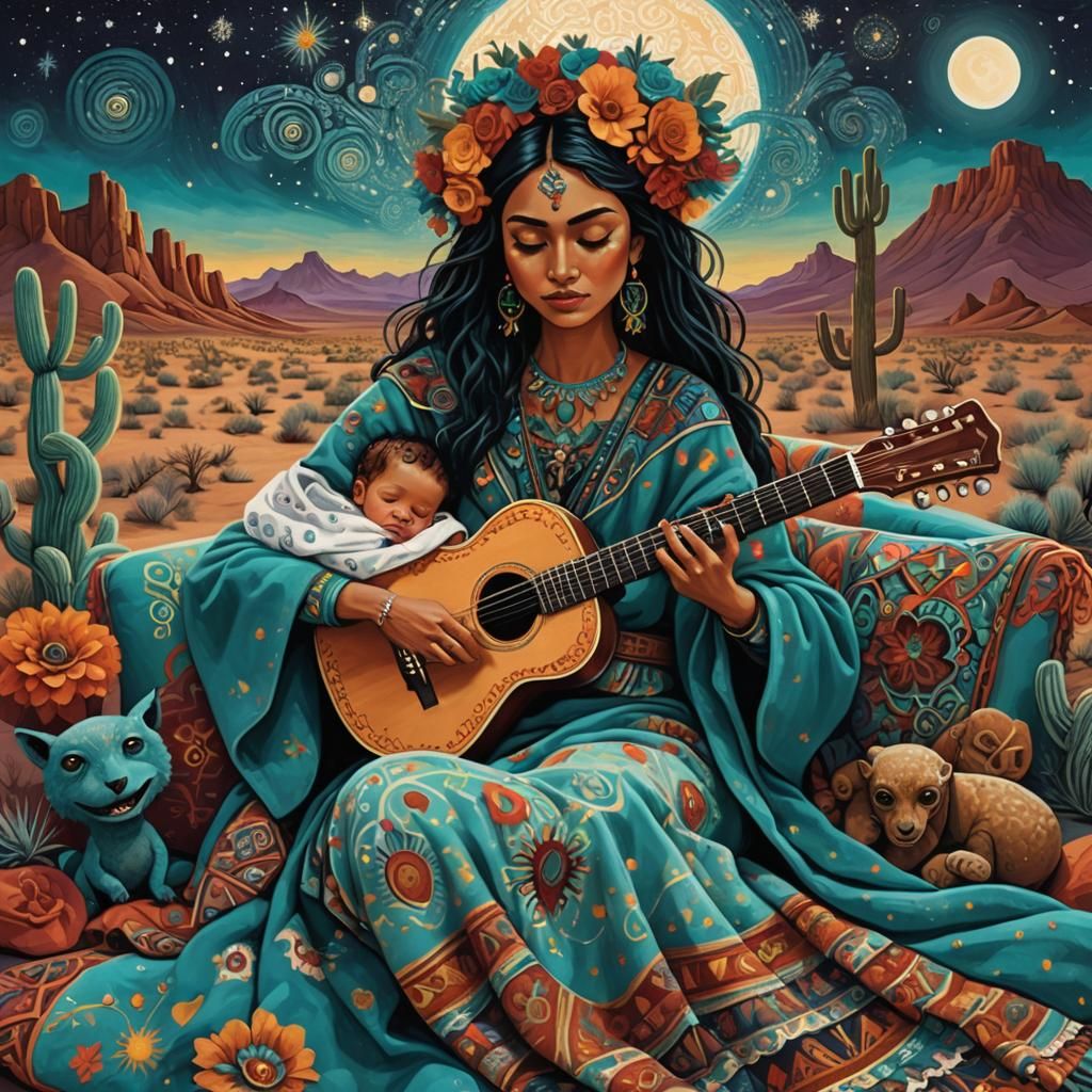 Surreal Two-Headed Woman with Baby in Desert Night