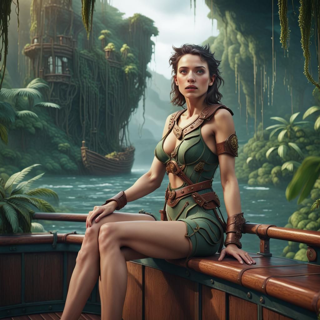 Lonely Woman on Ship Deck in Jungle, Detailed Matte Painting