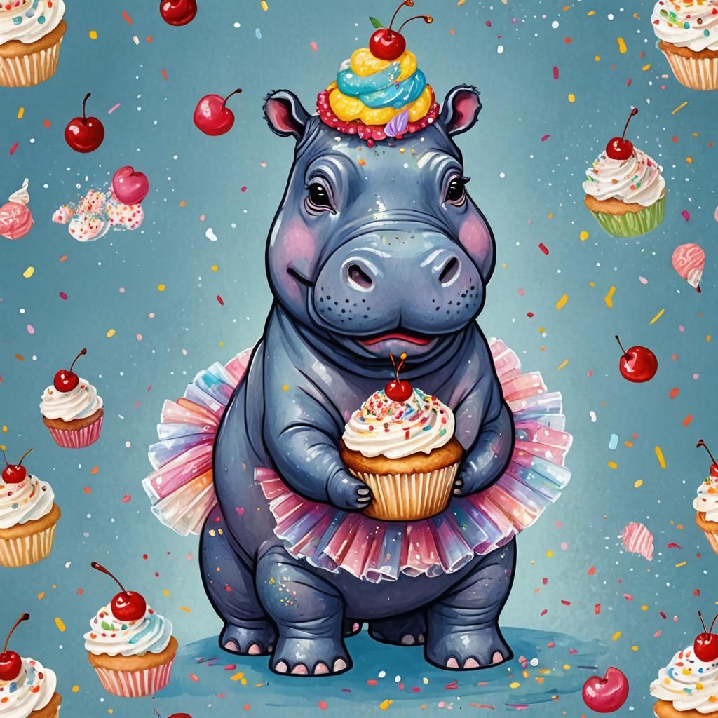 Hippo in Tutu Holding Cupcake: Whimsical Digital Art