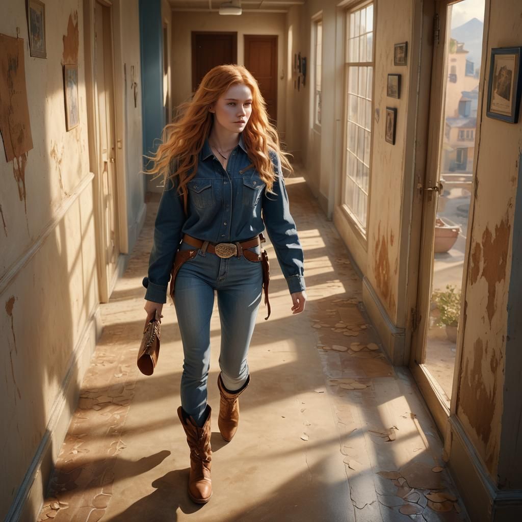Teen Girl Walking Down Hallway in Matte Painting Style