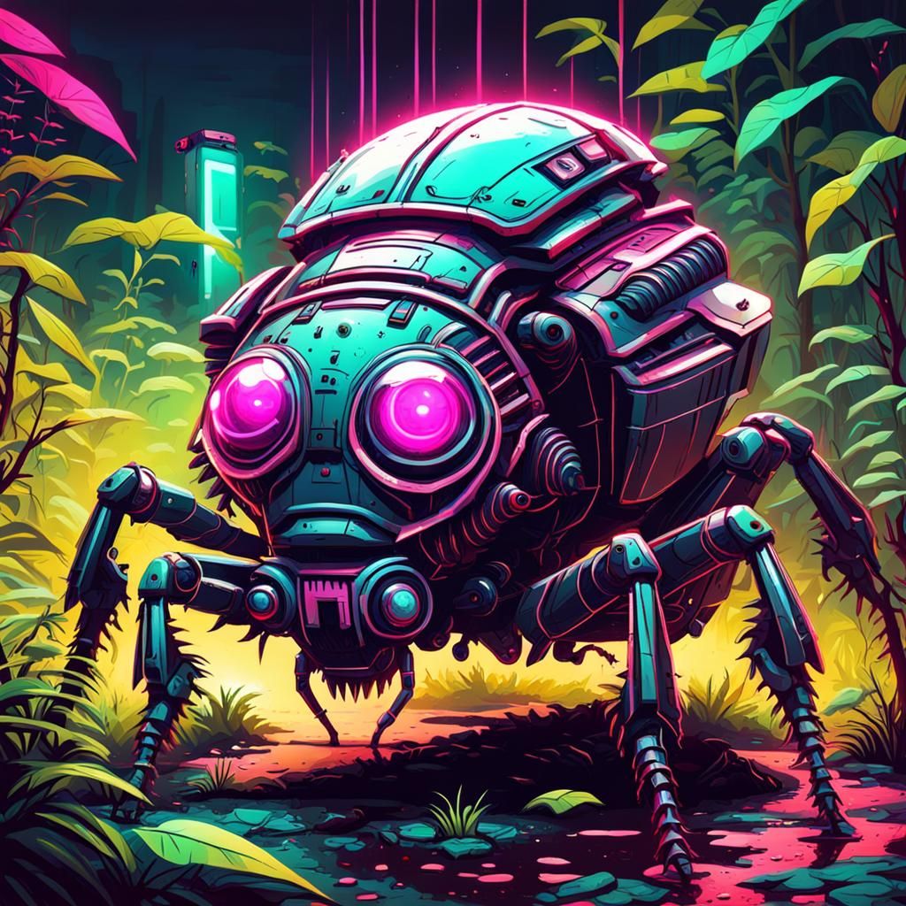 Terrifying Mechanical Bug Creature in Neon Retro Style