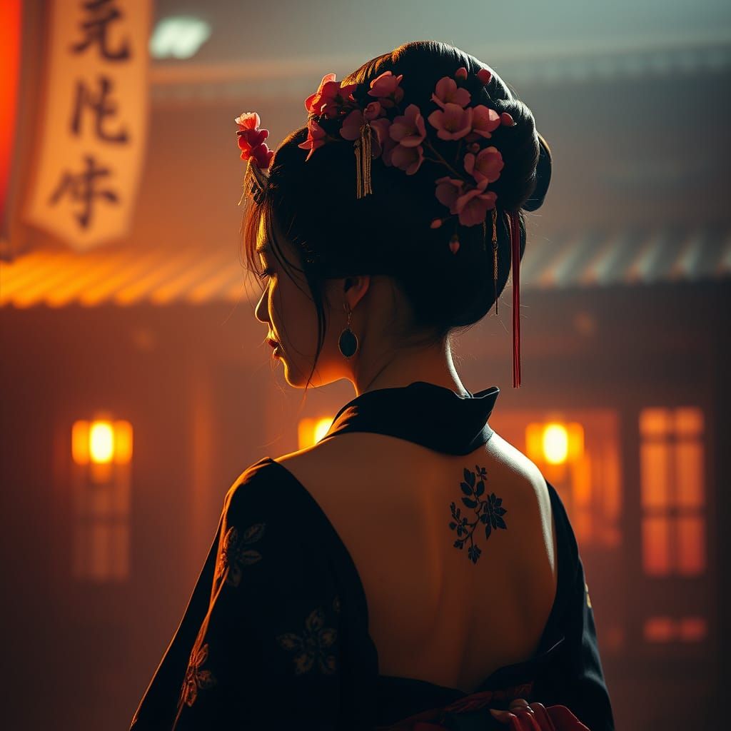 Majestic Geisha Warrior in Black Kimono with Cherry Blossom ...