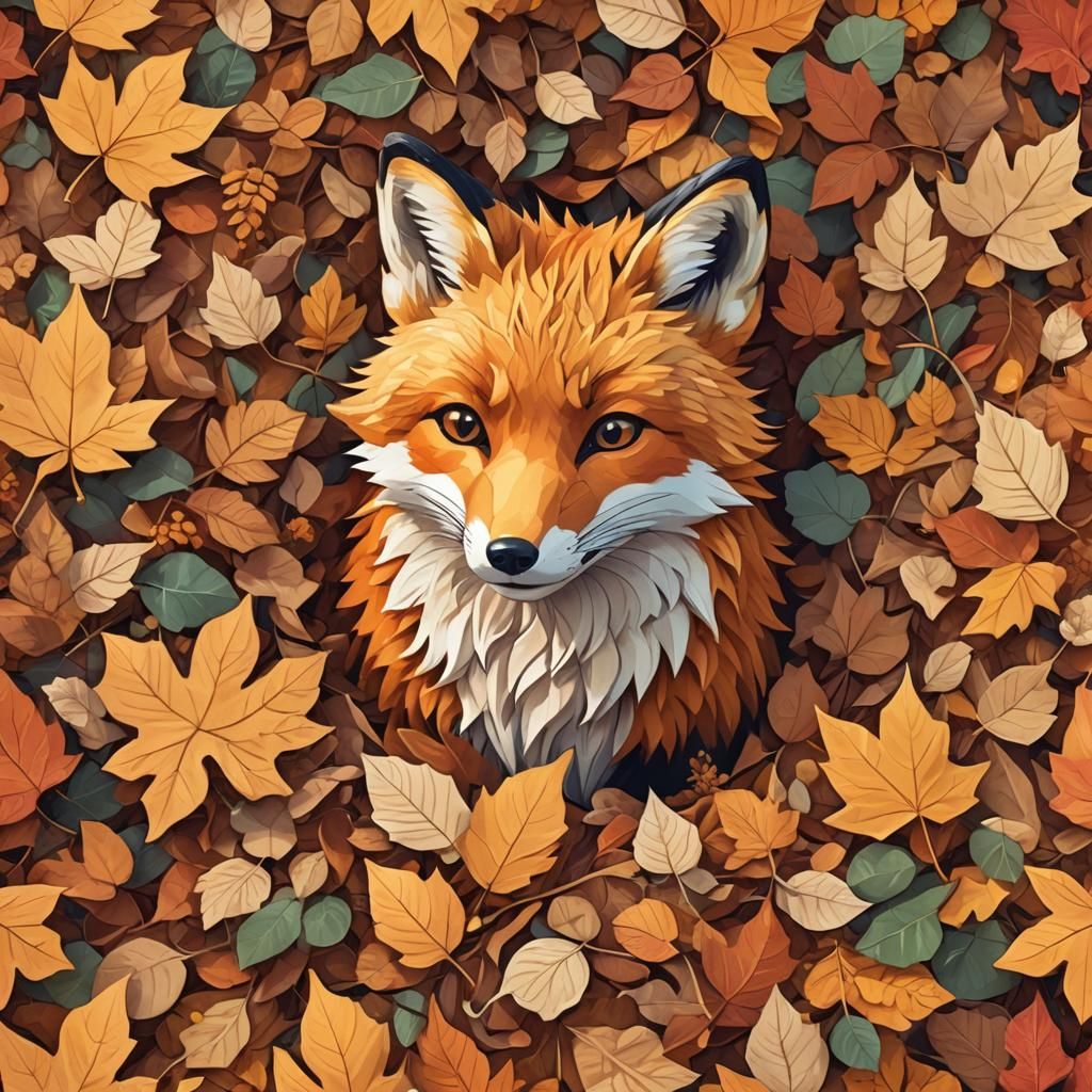 Fox Buried in Autumn Leaves: Digital Illustration