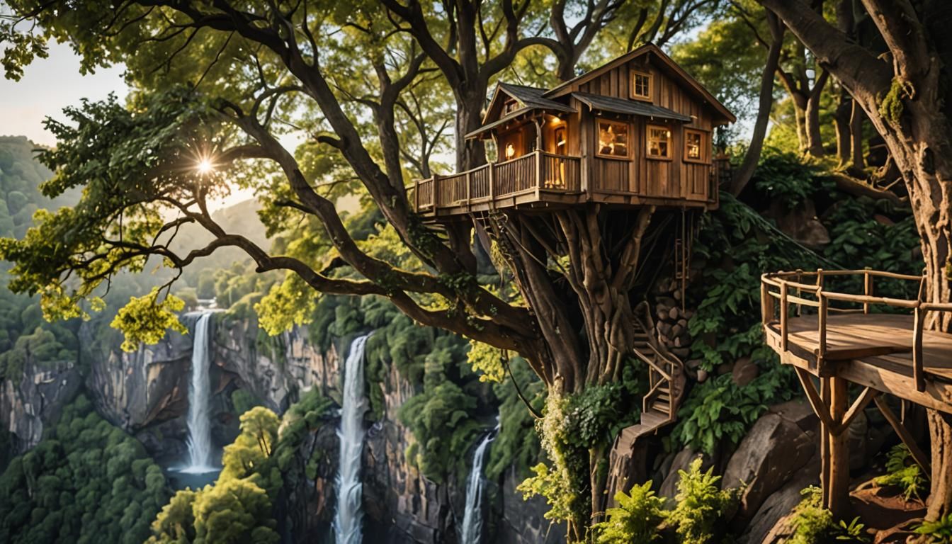 Elegant Cliffside Treehouse with Waterfall in Bokeh