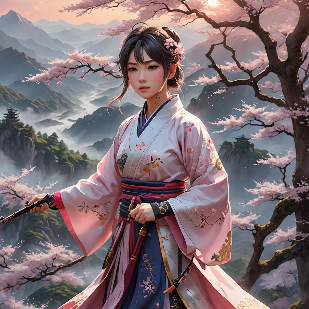 Sakura Hunaro in Anime Style on Mountain Peak