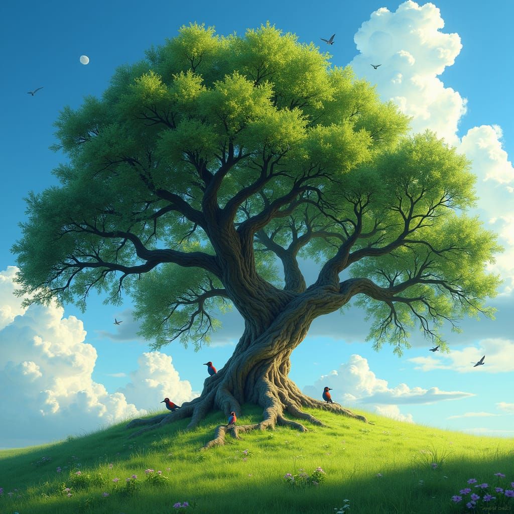 Majestic Tree with Birds in Lush Landscape