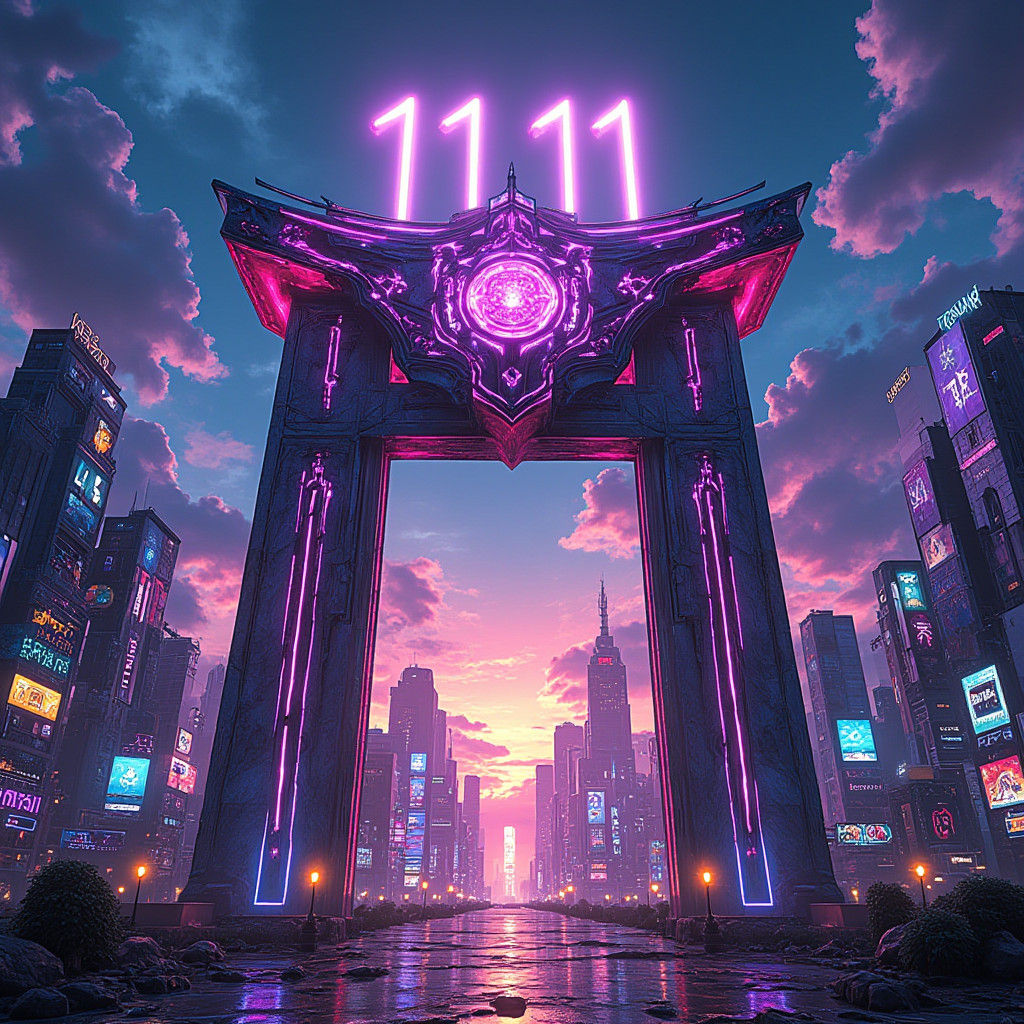 Neon Cityscape with Ornate Gate in 3D Anime Style