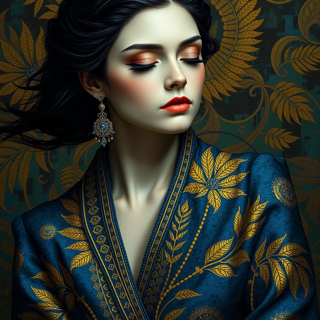 Majestic Woman in Azure and Gold Art Nouveau Robes with Palm...