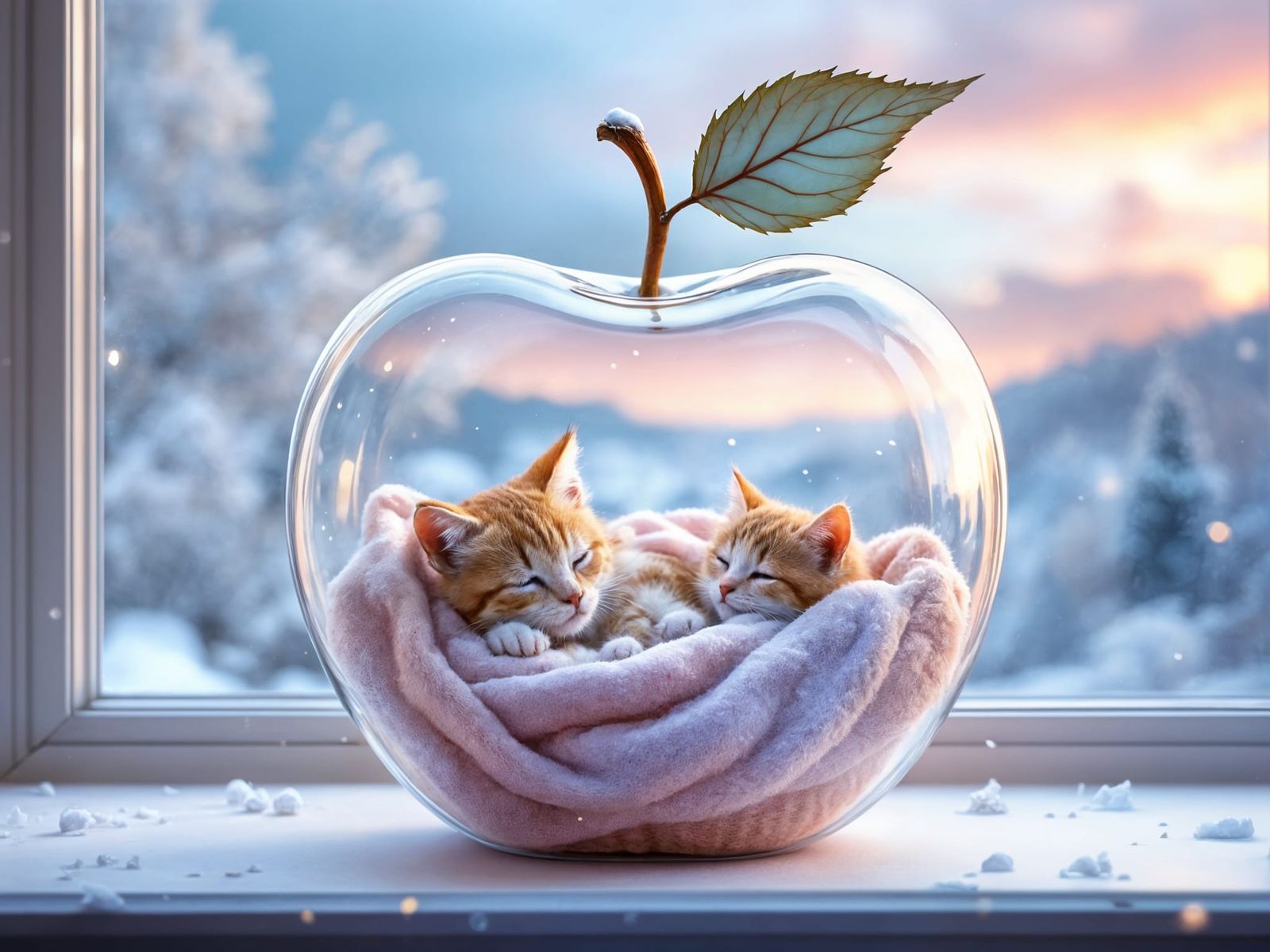 Translucent Glass Apple with Sleeping Feline Family in Winte...