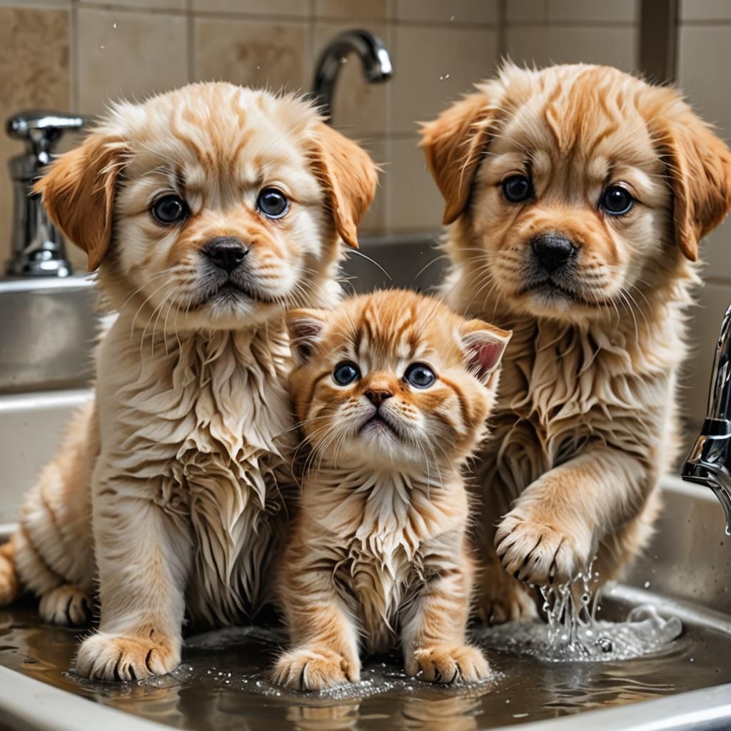 Golden Labrador Washing Persian Kittens: Hyperrealistic Imag...