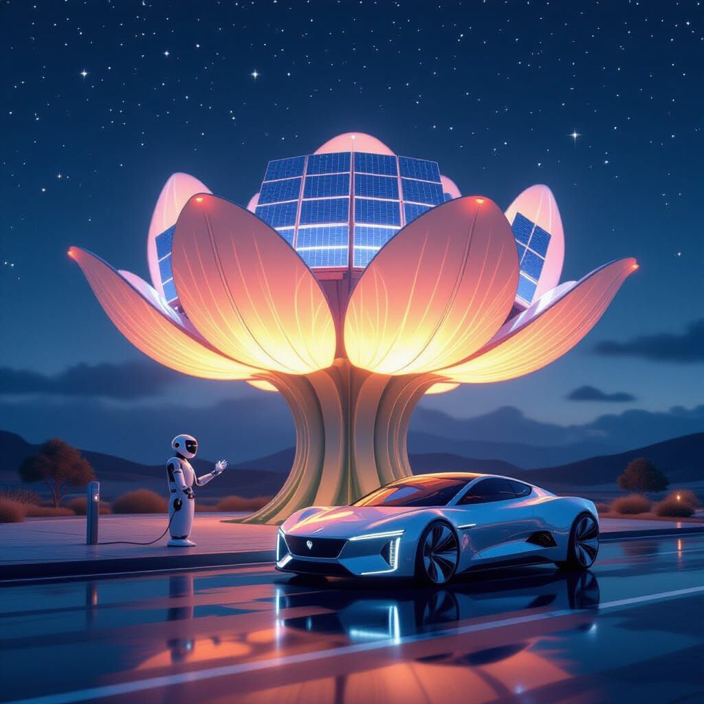 Futuristic Flower Gas Station Under Starry Night Sky