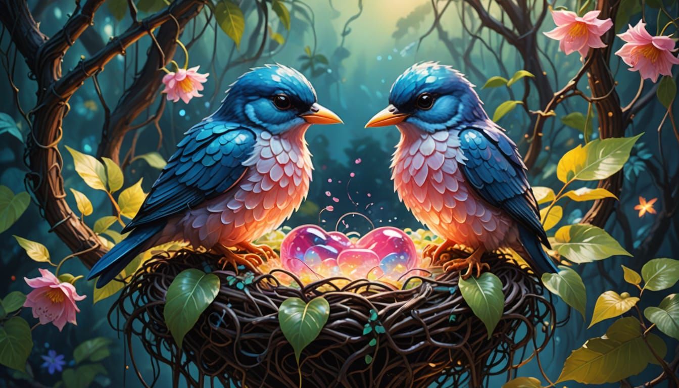 Glowing Jelly Birds in Heart Nest, Gouache Style