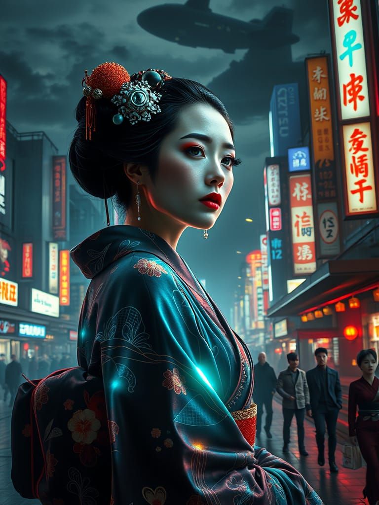 Cyberpunk Geisha in Neo-Tokyo Noir