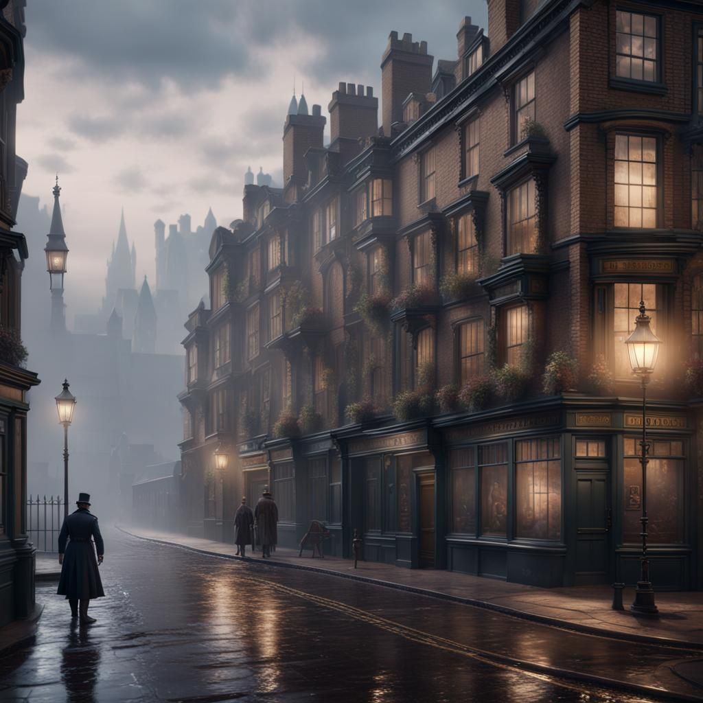 Misty London Street Scene in Detailed Matte Painting