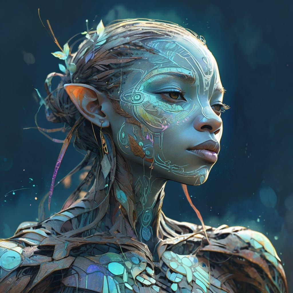 Detailed Portrait with Organic Motifs in Digital Painting St...