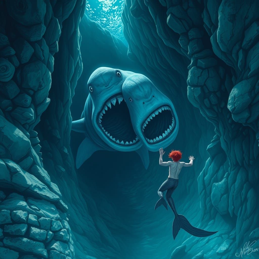 Merman Fleeing Megalodon in Underwater Canyon
