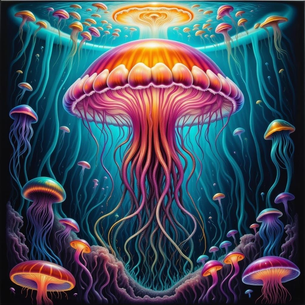 Surreal Underwater Fantasy with Iridescent Jellyfish and Day...