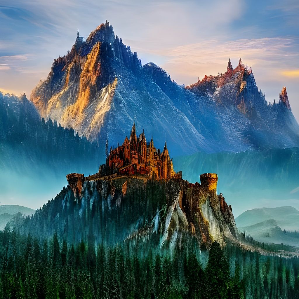 Ethereal Dreamscape Castle Amidst Majestic Mountains in a Wh...