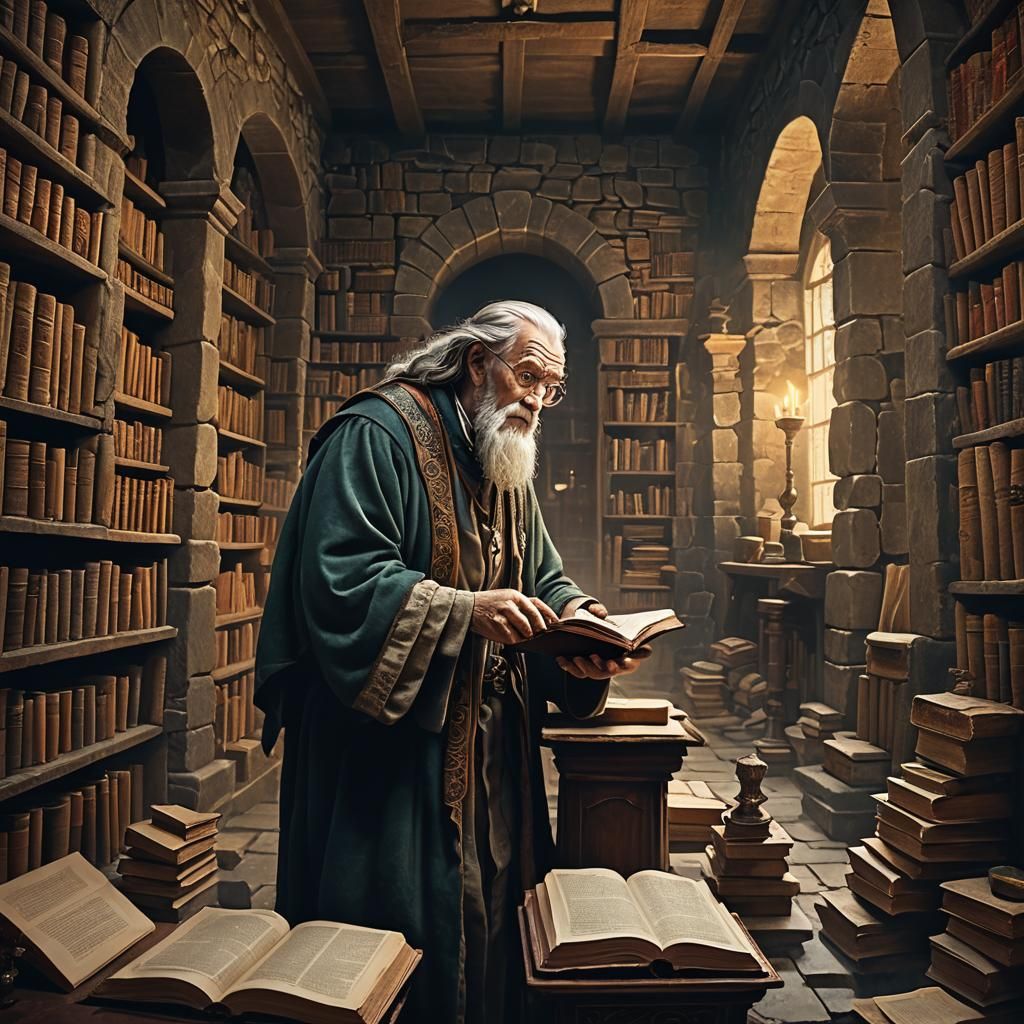 Wise Old Man Scared by Magic Book, Detailed Matte Painting