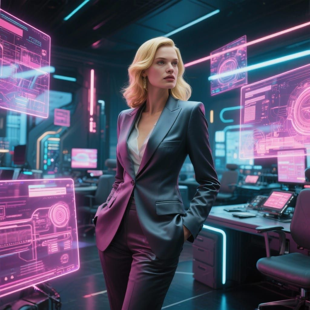 Futuristic Blonde Executive in High-Tech Office