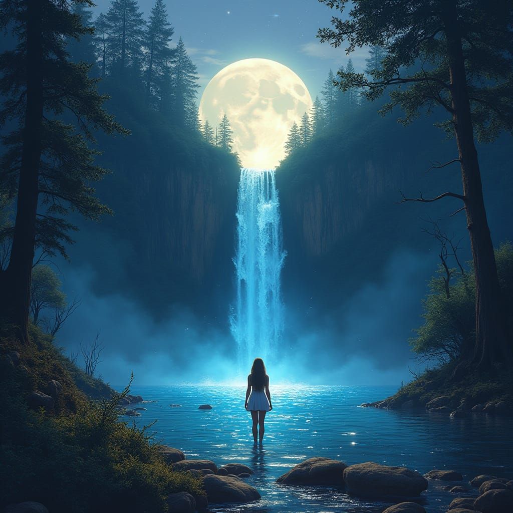 Luminous Waterfall Scene in Astral Cosmic Illustration