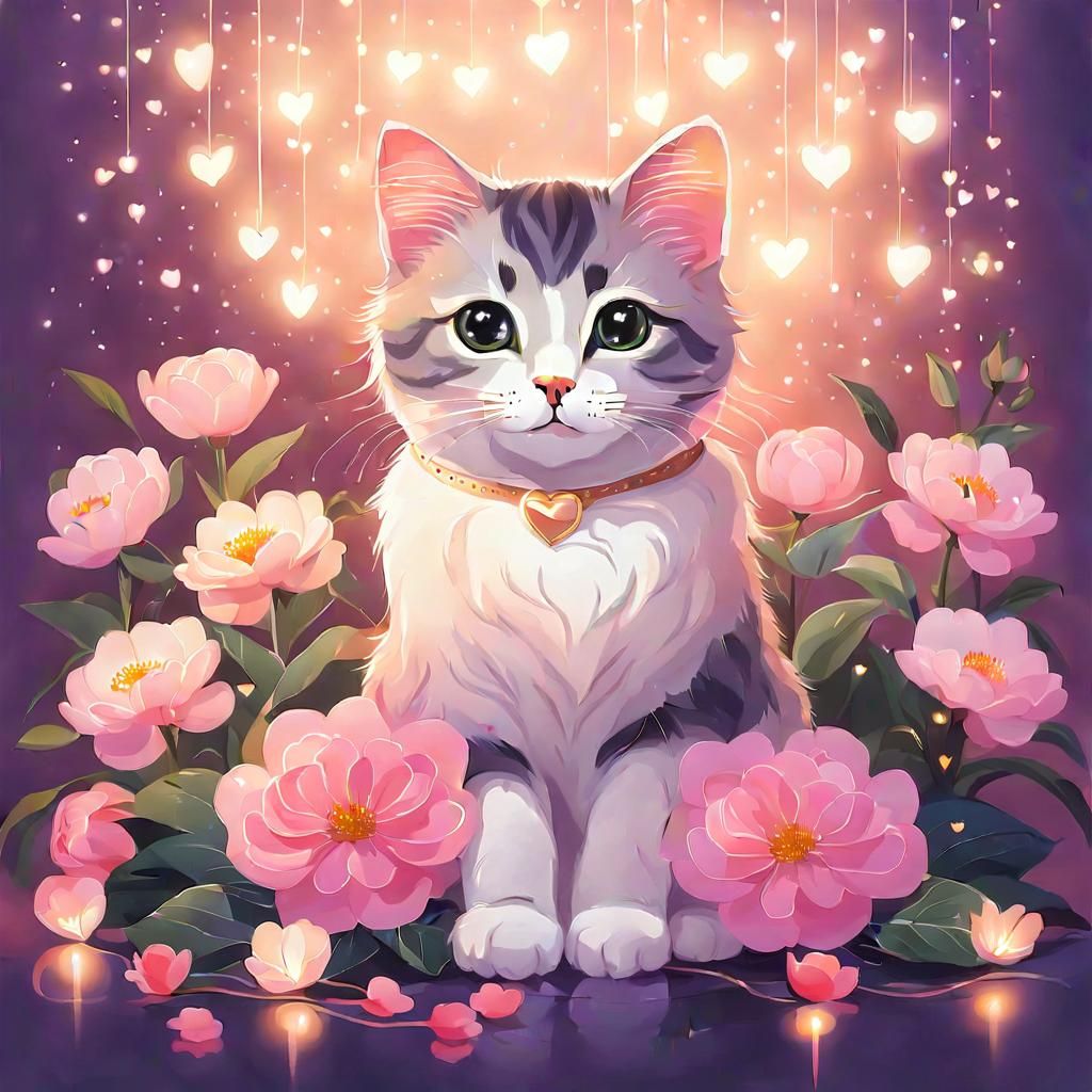 Cute Cat Surrounded by Flowers and Heart Lights