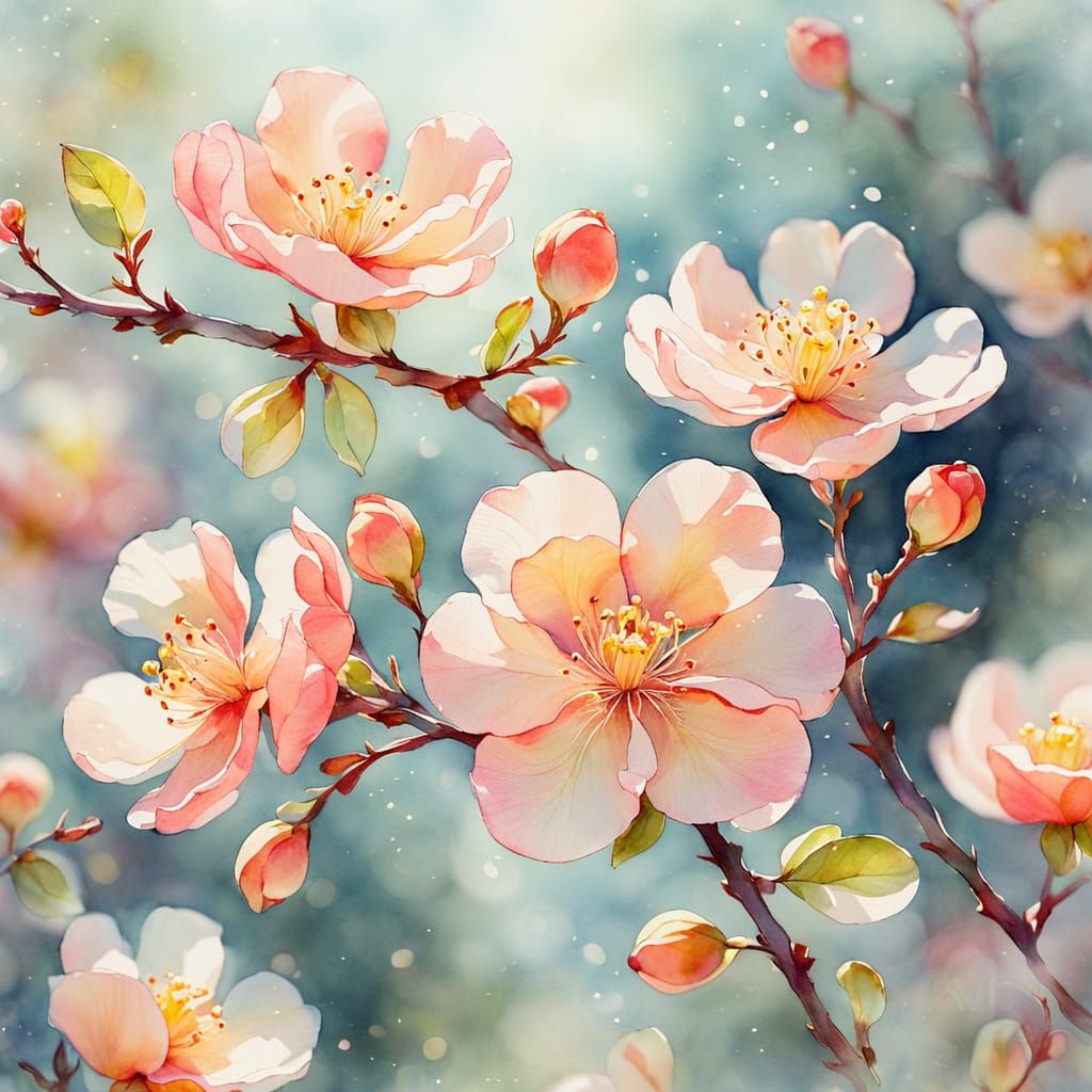 Whimsical Watercolor Chaenomeles Blooms in Soft Pastel Hues