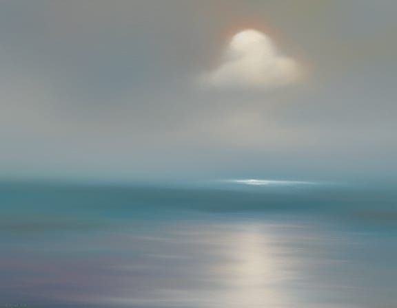 Cat-Shaped Cloud over Ocean in Oil Painting Style