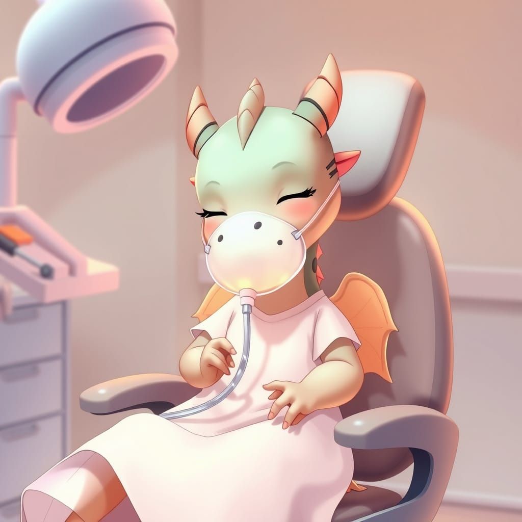 Anime Baby Dragon in Dentist Chair, Ghibli Style