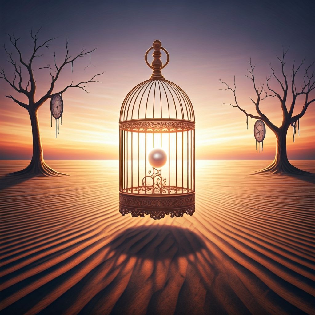 Surreal Golden Cage in Dreamlike Landscape