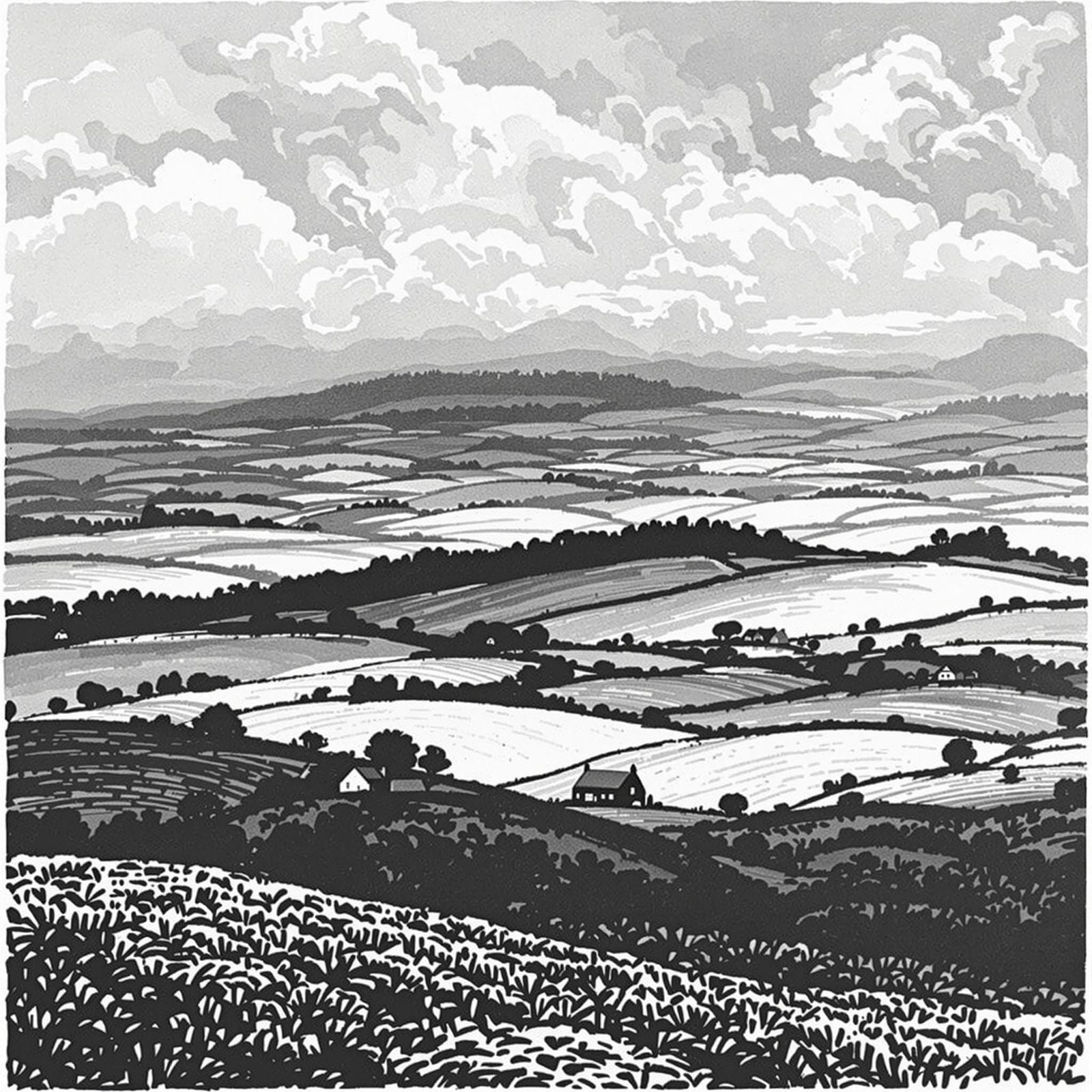 English Countryside Woodcut Print in Paul Nash Style