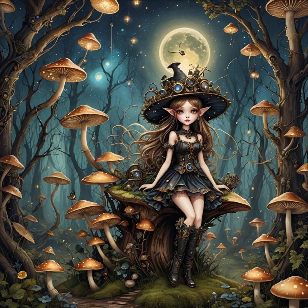 Steampunk Gothic Fairy in Enchanted Mushroom Forest