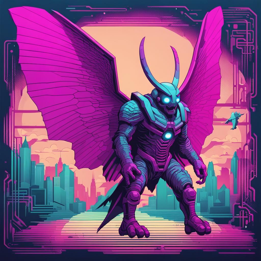 Isometric Mothman Comic Illustration in Cyan and Magenta